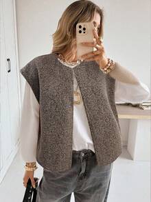 Siren Gaze 秋冬休闲百搭纯色宽肩无袖外套 - 咖啡棕 - 查看 3