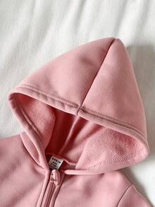 SHEIN Vintaside Kids Baby Girl Casual Solid Color Thermal Lined Hooded Zip-Up Jacket, Suitable For Autumn/Winter - Dusty Pink - View 4