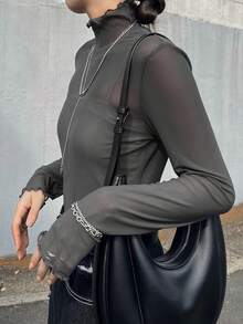 FRIFUL Women's Solid Color Frill Collar Long Sleeve Fitted Mesh Top - Grey - View 5