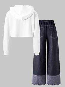 SHEIN 2件套青少年女孩连帽衫和宽松印花裤套装 - 彩色 - 查看 7