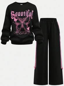 SHEIN Girlism 少女蝴蝶印花连帽衫和运动裤两件套，休闲、街头服饰，返校季 - 黑色 - 查看 13