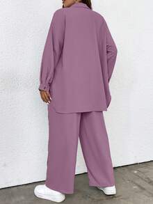 Flirla Plus Size Women's Solid Color Long Sleeve Single-Breasted Shirt And Wide Leg Pants Casual Loose 2-Piece Set - Dusty Pink - View 2