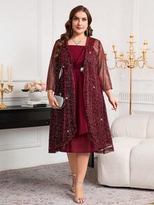 Reflora Bộ 2 món áo khoác và váy dự tiệc sequin sang trọng cỡ lớn - Đỏ - Xem 9