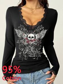 Attitoon Casual Deep V-Neck Lace Trim Fitted Long Sleeve T-Shirt, Suitable For Autumn/Winter, Skull Print, Rose Print, Suitable For Y2K, Retro Vintage - Black - View 4