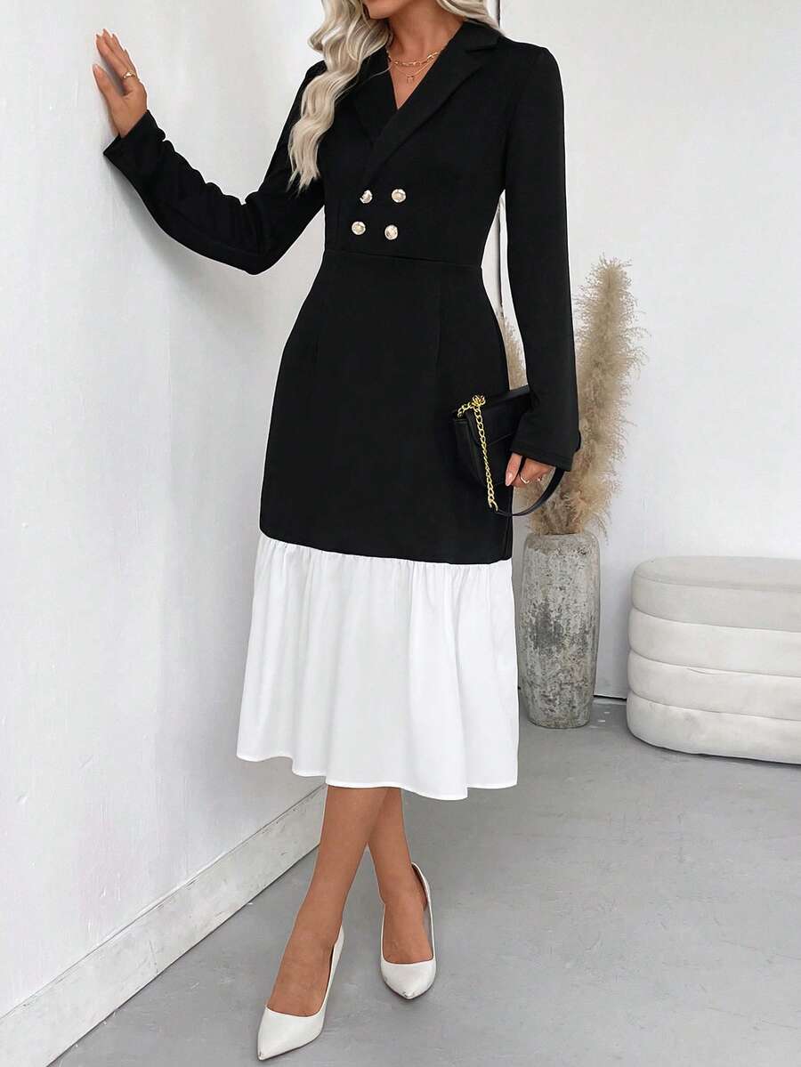 SHEIN LUNE Farbblockkleid mit Doppelreiher, Rüschensaum und eleganten Langärmeln - Schwarz und Weiss - Übersicht 1