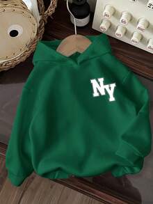 Teen Boy Casual Minimalist NY Letter Graphic Thick Sweatshirt, Suitable For Autumn - Green - View 2