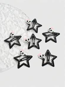 ROMWE Goth 6个可爱黑色五角星蝴蝶结发夹，适合作为返校礼物和日常佩戴，情人节爪夹发卡 - 黑與白 - 查看 5