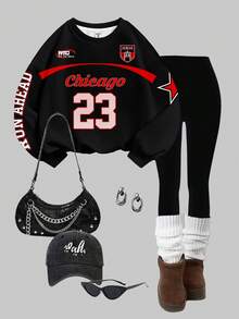 Slaydiva 2 pièces Ensemble Sweat-shirt col rond ample et legging moulant, blocs de couleurs avec imprimé numérique et lettrage de course - Multicolore - Voir 1