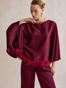SHEIN LUNE Women's Burgundy Elegant Satin Pants Set For Autumn Dinner,French Luxury Christmas Party Batwing 3/4 Sleeve Blouse&Waist Elastic Band Pocket Trousers - Burgundy - View 3