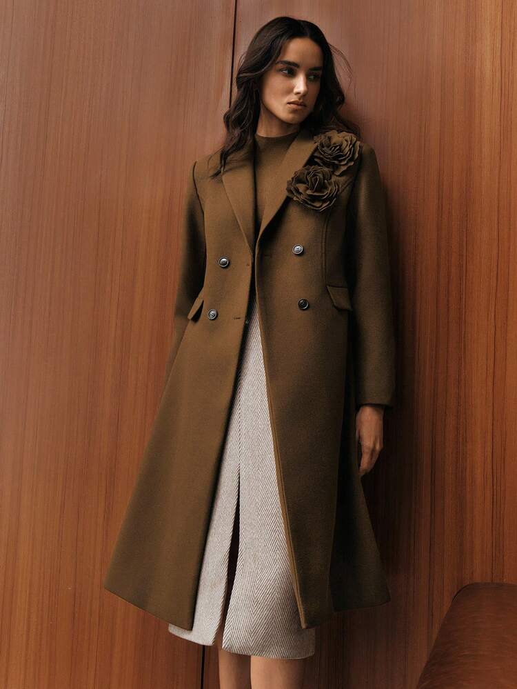 Women's Elegant Long Brown Fitted 3D Floral Double-Breasted Lapel Overcoat, Suitable For Autumn, Fall, Winter, Going Out, Elegant, Formal, Party, Chic, New Year