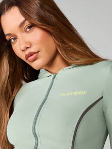 Missguided x Playboy Sage Zip Up Hooded Sports Jacket With Contrast Panel Details And Drawstring Hood - Green - View 5
