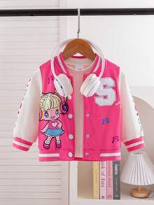 1pc Baby Girl's Fashionable Cute Sweet Floral Print Rose Pink & White Patchwork Baseball Jacket, Suitable For School And Sports, Spring/Autumn - Multicolor - View 1