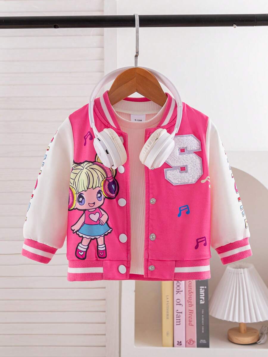 1pc Baby Girl's Fashionable Cute Sweet Floral Print Rose Pink & White Patchwork Baseball Jacket, Suitable For School And Sports, Spring/Autumn - Multicolor - View 1