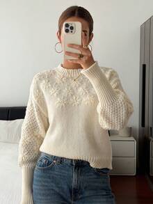 DAZY Suéter de mujer de peso pesado con mangas de farol bordadas, apariencia de alta gama para el invierno - Beis - Ver 3