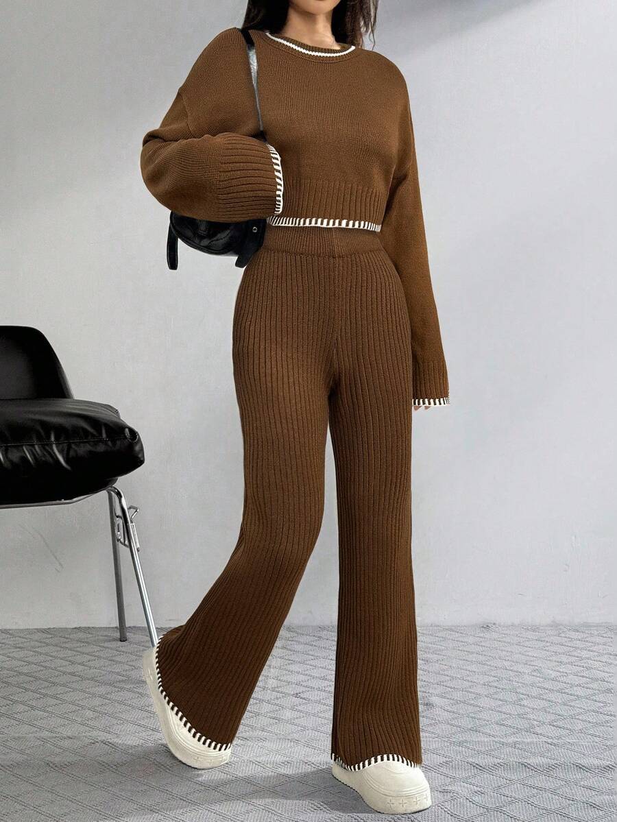 SHEIN EZwear 2 件套女士休闲咖啡棕色撞色装饰圆领长袖毛衣和裤子套装,冬季服装 - 咖啡棕 - 查看 1