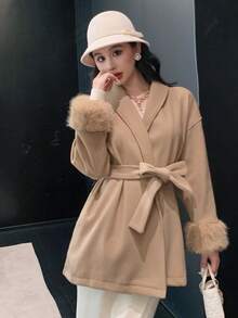 DAZY Women's Elegant Solid Color Overcoat With Drawstring Waist, Suitable For Party, Wedding, Autumn/Winter Jacket - Khaki - View 10
