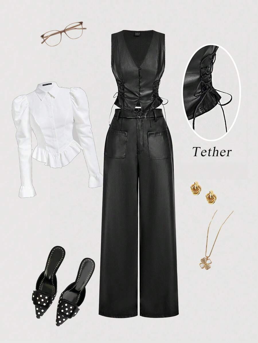 SHEIN MOD V领无袖侧系腰直筒黑色PU皮西装裤，圣诞节套装，秋冬休闲套装，优雅，乡村音乐会套装，圣诞节套装，新年套装，感恩节套装，冬季套装，外出裤，乡村音乐会套装，经典两件套，女士办公室服装，女士圣诞节服装，感恩节套装 - 黑色 - 查看 1