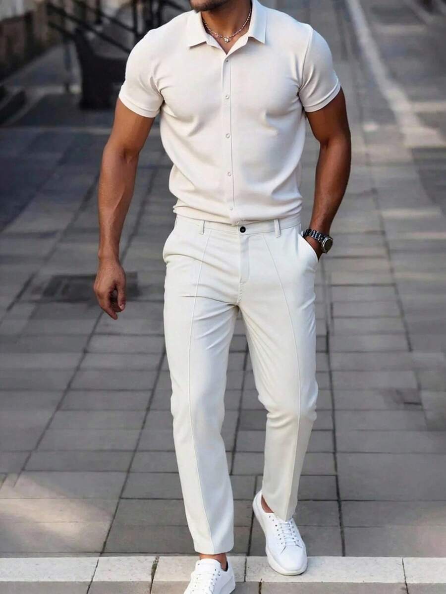 Manfinity Homme 男士纯色衬衫和裤子套装，休闲夏季服装 - 米色 - 查看 1