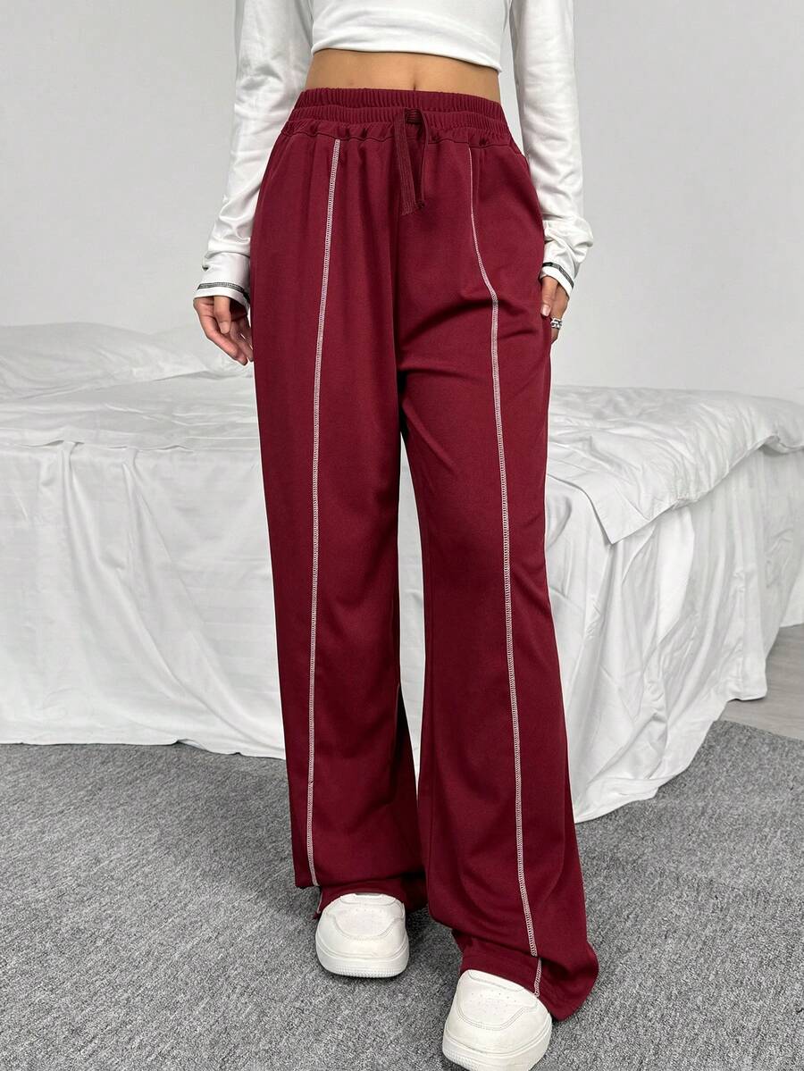 Pantalones casuales rectos de pierna ancha con dobladillo de cordón en color borgoña para adolescentes, deportes al aire libre - Rojo - Ver 1