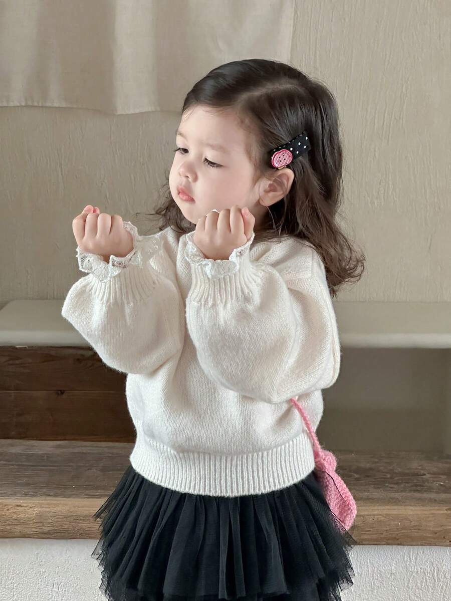 DAZY 女童圆领纯色休闲长袖毛衣 - 米色 - 查看 1