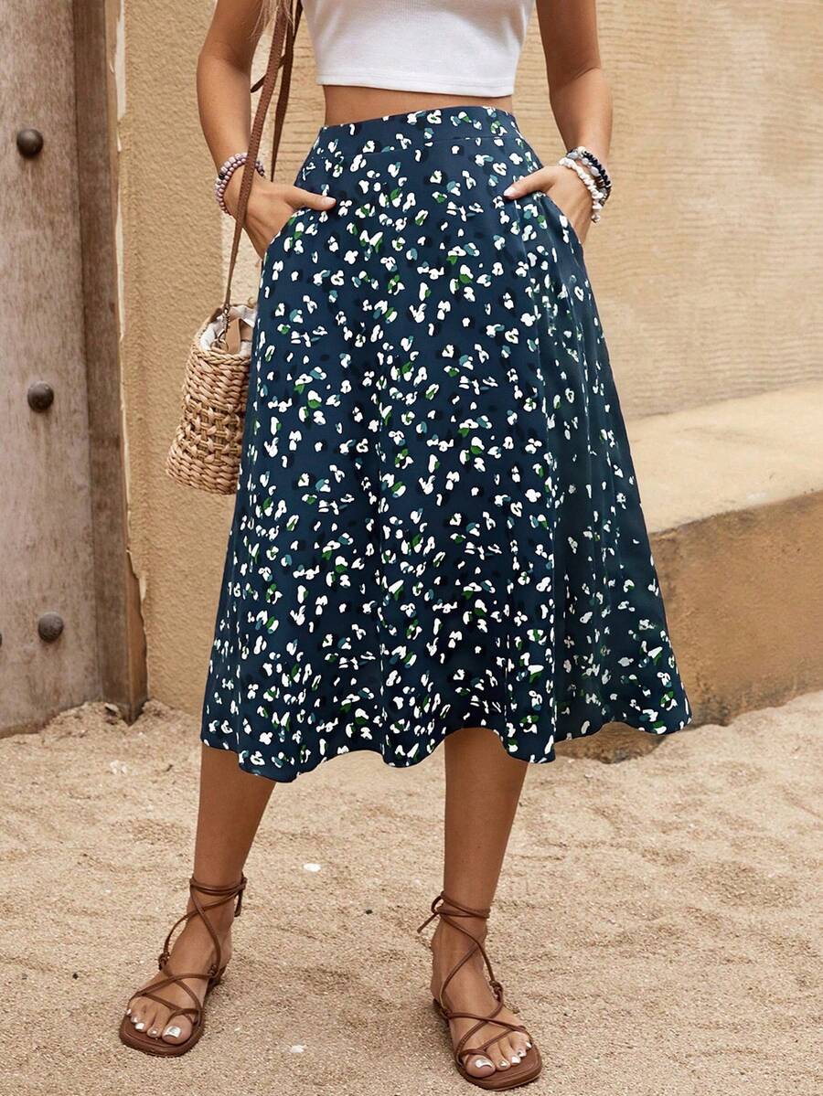 Breezaya 女式全印花带口袋半身裙 - 藏蓝色 - 查看 1