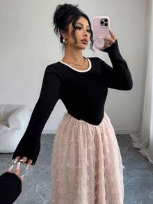 DAZY Vestido de suéter de cuello redondo con volantes y parches de lentejuelas elegantes para mujer, otoño - Rosa - Ver 7