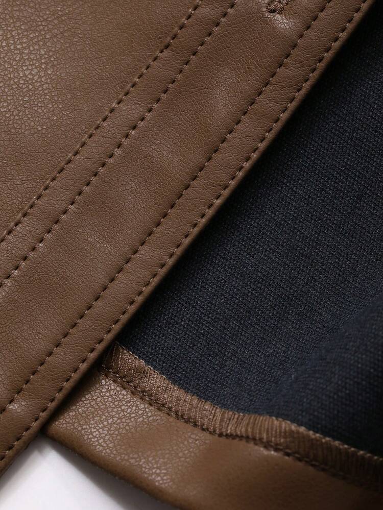 Women's Casual Belt PU Solid Color Pocket Shirt, Autumn Long Sleeve Top Leather Jacket