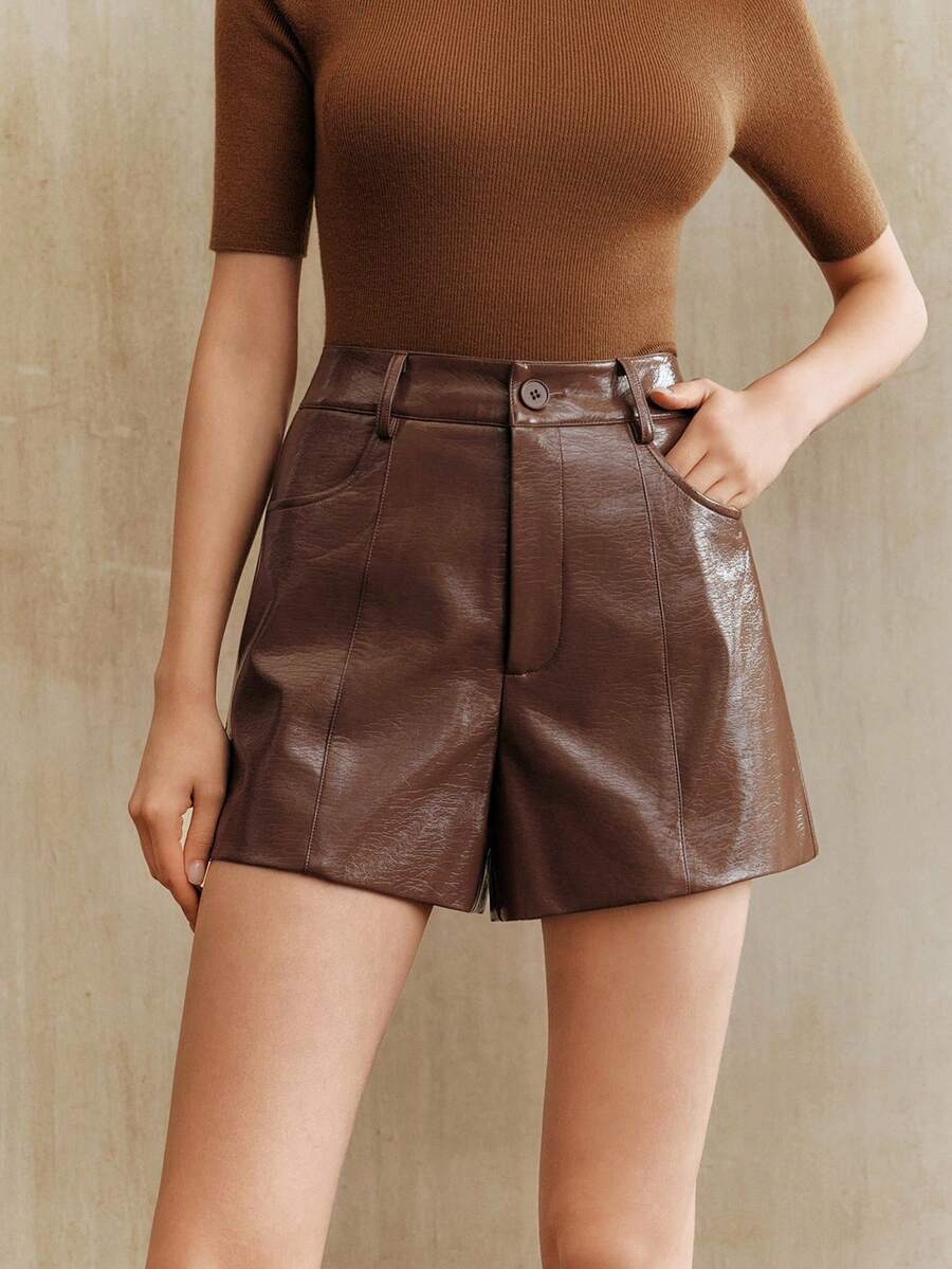 Anewsta Quần short nữ màu đỏ tía, chất liệu da PU phân cực sáng bóng, thời trang đi làm, sang trọng, phù hợp cho mùa hè, năm mới, mùa thu/hè, Giáng sinh, năm mới, tiệc tùng, thanh lịch, sang trọng, trang trọng, sang trọng - Màu Khaki - Xem 1