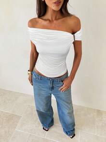 Aloruh Áo thun nữ hở vai màu trơn thời trang ôm sát - trắng - Xem 6