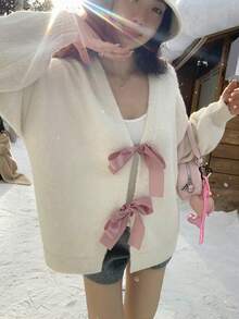 DAZY Áo khoác len cardigan dáng rộng màu trơn có nơ thắt eo cho nữ, phong cách Hàn Quốc, thu/đông - trắng - Xem 3
