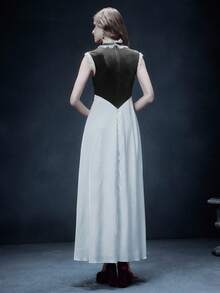 Glisette Vintage Elegant Hollow Lace Trim High Neck Midi Dress For Women - Multicolor - View 9