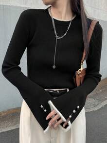 FRIFUL Women's Contrast Color Fitted Ribbed Flare Sleeve Sweater With Pearl Button Trim - Black - View 1