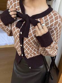 DAZY Áo khoác cardigan dệt kim kẻ sọc nhiều màu phong cách đường phố, rộng rãi, thoải mái cho nữ, phù hợp mặc công sở vào mùa thu và mùa đông - Cà phê nâu - Xem 4