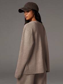 Athîral كارديجان نسائي كاجوال بلون أحادي، متعدد الاستخدامات للخريف/الشتاء - كاكي - مشاهدة 2