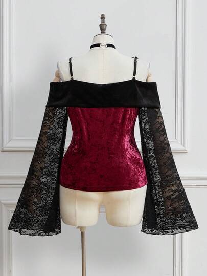 Goth Blusa de encaje con hombros descubiertos, mangas acampanadas y empalmado de color contrastante, talla grande, elegante y lujosa estilo gótico, para otoño/invierno. Top de mujer talla grande, lujoso y retro estilo gótico.