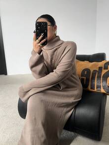 Vibekara Plus Size Women's Casual Comfortable Minimalist High Neck Drop Shoulder Knit Maxi Dress, Suitable For Indoor And Outdoor Wear, Daily Commute, Autumn/Winter, Great Holiday Gift For Halloween And Christmas Beige Zeylah Oversized