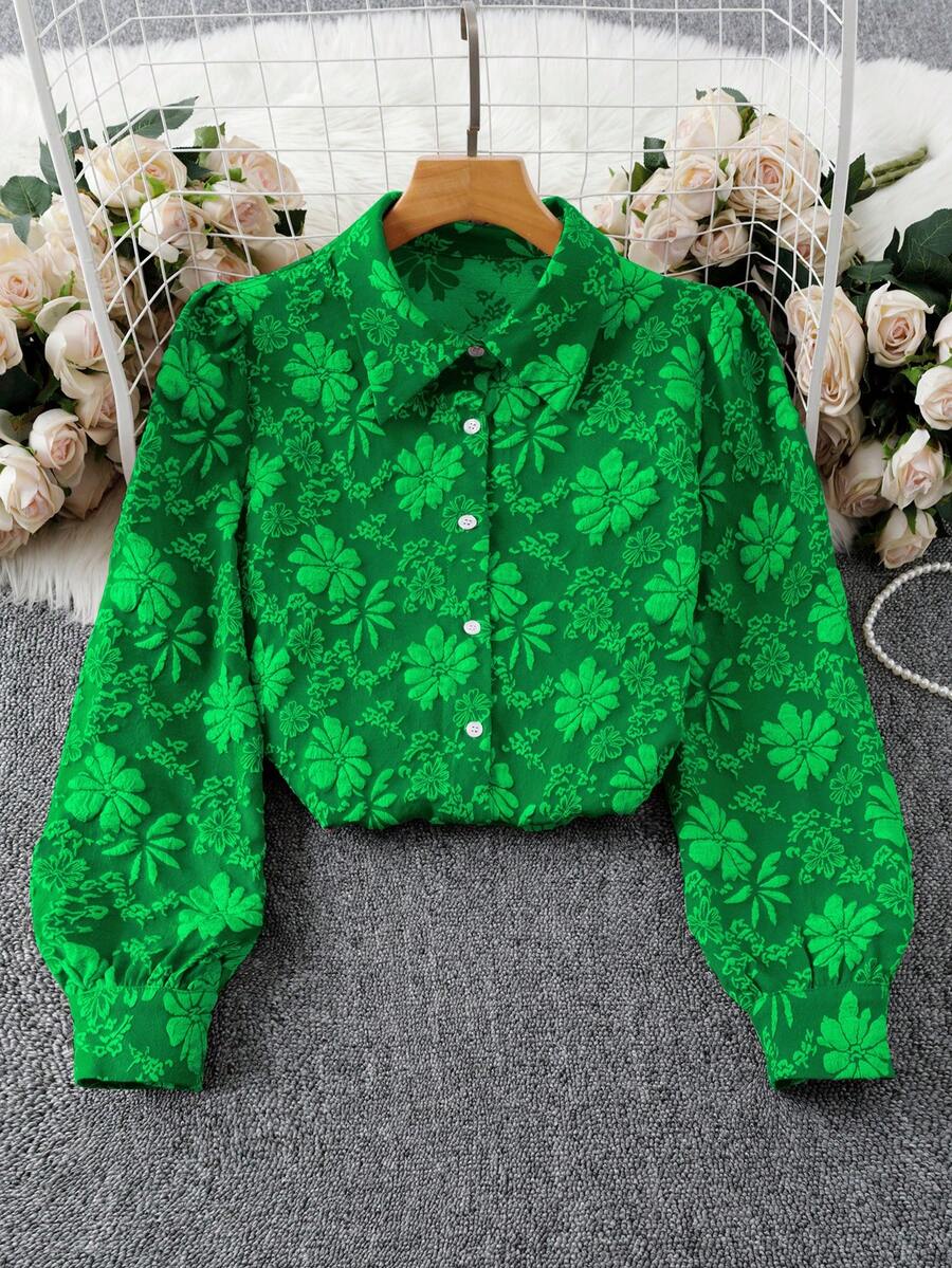 Chiquease 女士绿色提花面料翻领长袖休闲通勤时尚优雅复古衬衫 - 綠色 - 查看 1
