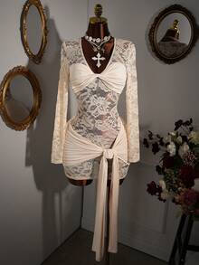 Y2K Amplova Romantic Christmas New Year Thanksgiving Party Women's Floral Lace Twist Design Long Sleeve Tie Hem Sexy Fashion Dress,Party Dresses For Women