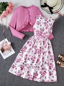 2pcs/Set Elegant Teen Girls' Open-Front Jacket And Printed Dress Outfit,Holiday,Summer,Travel - Baby Pink - View 5
