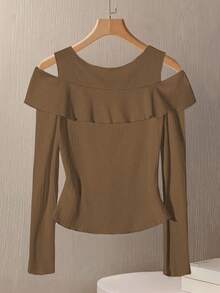 Women's Casual Cold Shoulder Button Decor T-Shirt, Solid Color, Suitable For Spring/Autumn Daily Commute - Coffee Brown - View 2