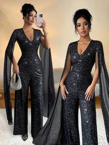 Rafferiza Bộ đồ liền thân tay dài cổ chữ V đính sequin gợi cảm cho nữ - màu đen - Xem 1