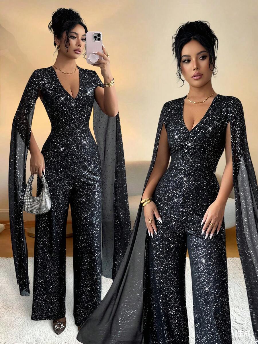 Rafferiza Bộ đồ liền thân tay dài cổ chữ V đính sequin gợi cảm cho nữ - màu đen - Xem 1