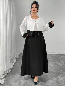 Modelyn 2 piezas Conjunto de Mujer Talla Grande: Chaqueta de Manga Larga con Encaje de Contraste Negro Emparejada con Falda, Elegante y de Moda - Negro - Ver 5