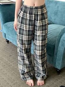 DAZY Plaid Loose Straight Leg Pajama Pants, Women Loungewear Bottom, Winter - Black and White - View 8
