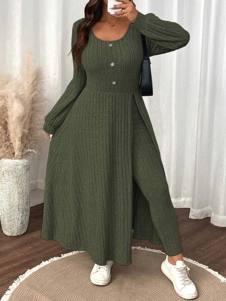 SHEIN LUNE Plus Size Women Solid Color Fuzzy Ribbed Minimalist Casual Autumn/Winter Top And Slim Fit Pants Set - Army Green - View 4