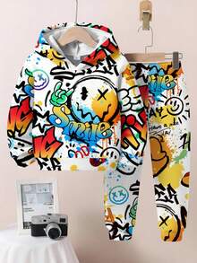 SHEIN Bộ 2 áo nỉ trùm đầu phong cách thể thao đường phố in chữ King dáng rộng thoải mái cho bé trai, phù hợp cho mùa thu/đông - Nhiều màu - Xem 5