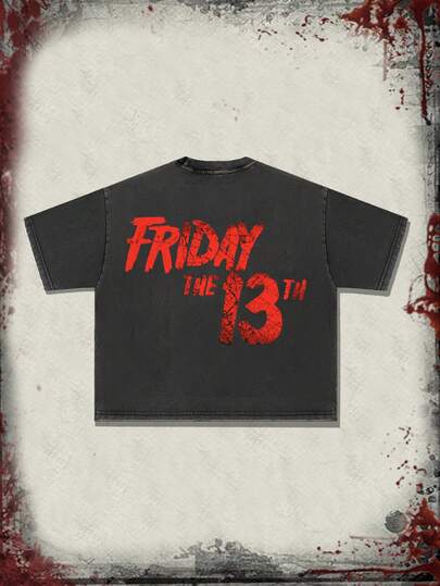 Friday the 13th X ROMWE T-shirt homme à imprimé graphique avec lavage vintage, streetwear rétro