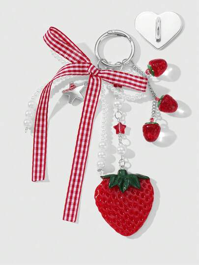 Kawaii 1pc Handmade Beaded Pendant Keychain, Versatile Casual Chic Pastoral Style, White Faux Pearl, Red Plaid Ribbon Bow, CCB Resin Star, Acrylic Strawberry, Suitable For Women, Daily Wear Or Gift, Comes With Adhesive Heart Accessory