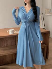 DAZY Váy dài thường ngày eo xoắn dành cho nữ, Thu/Đông - Màu xanh lam - Xem 5