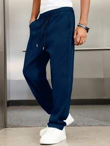 Manfinity Roghcode Men's Navy Blue Autumn Casual City Break Solid Color Sweatpants,Drawstring Loose Straight Leg Pants,Baggy Pro Club Jeans,Straight Leg Casual Pants - Navy Blue - View 4